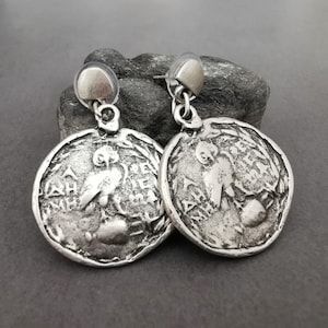 Ancient Athenian Owl Coin Earrings: Sterling Silver Plated, Oxidized Finish Round Drop Earrings