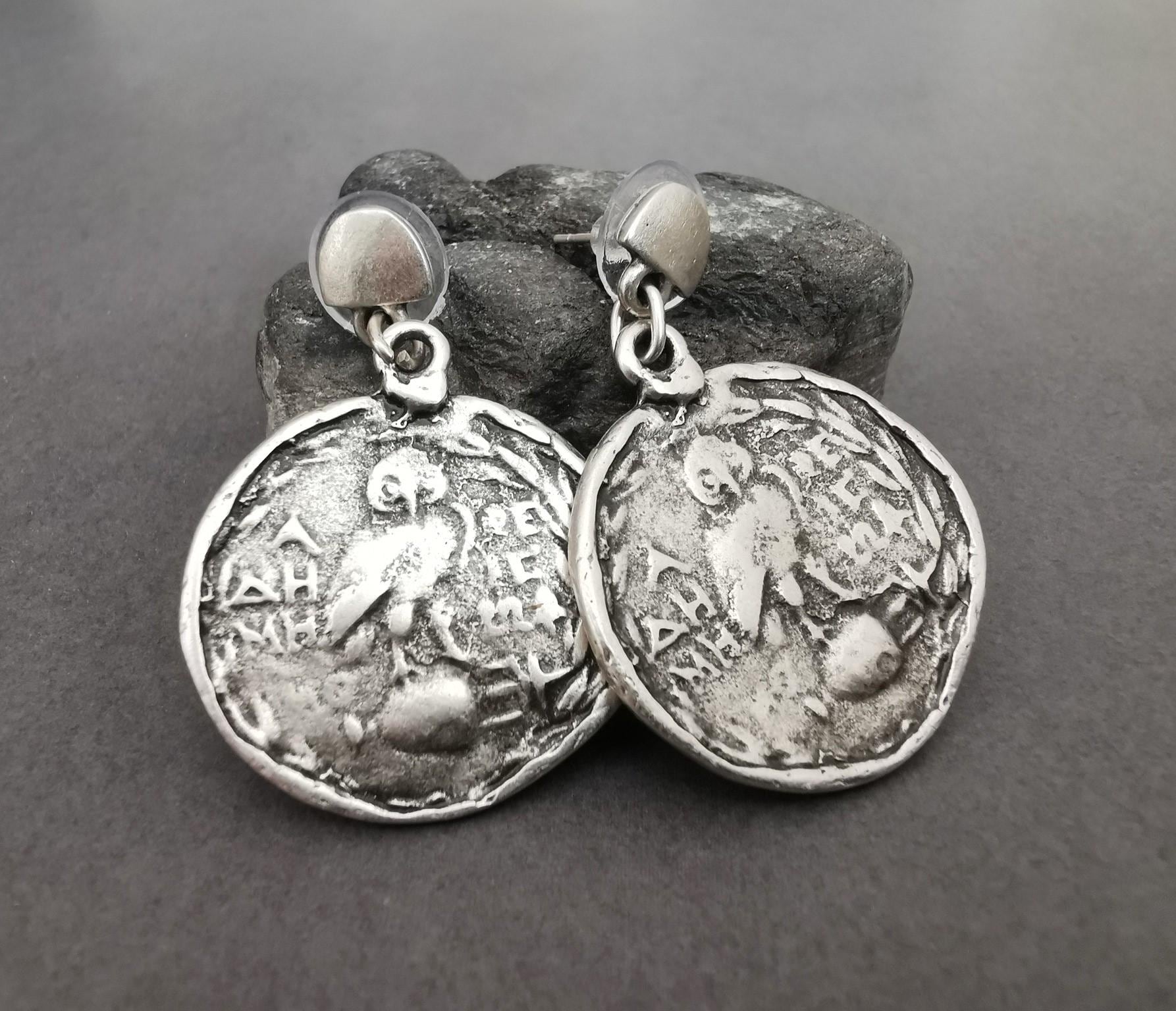 Ancient Athenian Owl Coin Earrings: Sterling Silver Plated, Oxidized Finish Round Drop Earrings