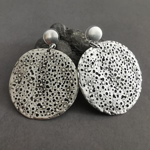 Large Silver Plated Disc Earrings: Textured Statement Circle Studs