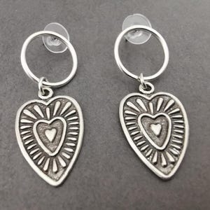 Sacred Heart Hoop Earrings: Sterling Silver Plated Zamak Lightweight Studs