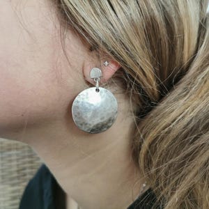 Hammered disc studs, silver plated dangle round statement bold earrings, chunky coin earrings