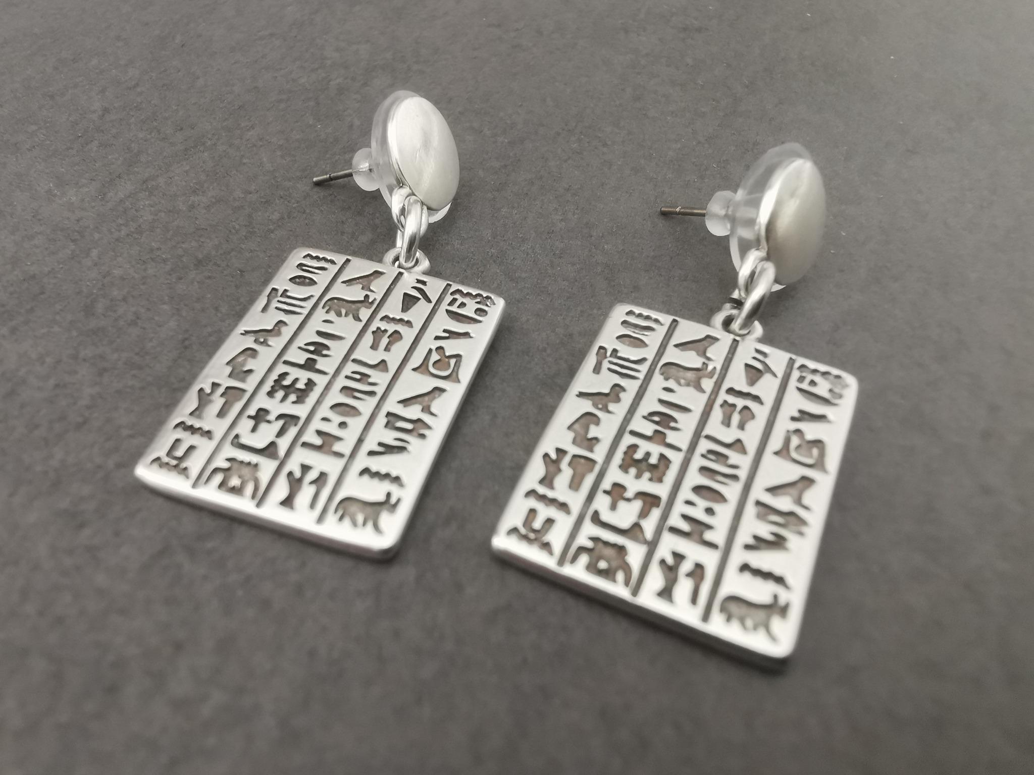 Hieroglyphic Dangle Earrings: Sterling Silver Plated Egyptian Jewelry