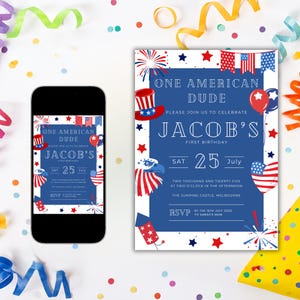 One American Dude Birthday Invitation Template for Boy&#39;s First Party, Funny Editable 1st Birthday Invite, Instant Download, USA Theme