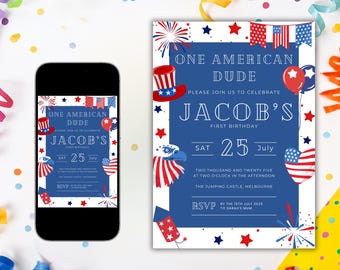 Inbjudan till födelsedag med en amerikansk dude, USA-tema (digital nedladdning)