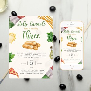 Invitation de troisième anniversaire Holy Cannoli, modèle de fête à thème alimentaire modifiable pour garçon, célébration drôle imprimable sur toile