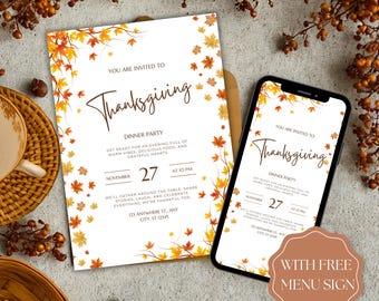 Thanksgiving Dinner Party Invite, Autumn Leaves Design (Digital Download)