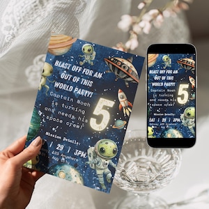 Faire-part de fête spatial pour garçons - Faire-part pour enfants sur le thème des extraterrestres - Carte d'anniversaire personnalisable