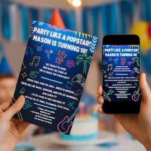 Pop Star 13th Birthday Invitation Template – Editable Neon Music Party Invite for Kids & Tweens to Shine on Their Big Day