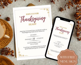 Friendsgiving Invitation Digital Template, Fall Menu Printable