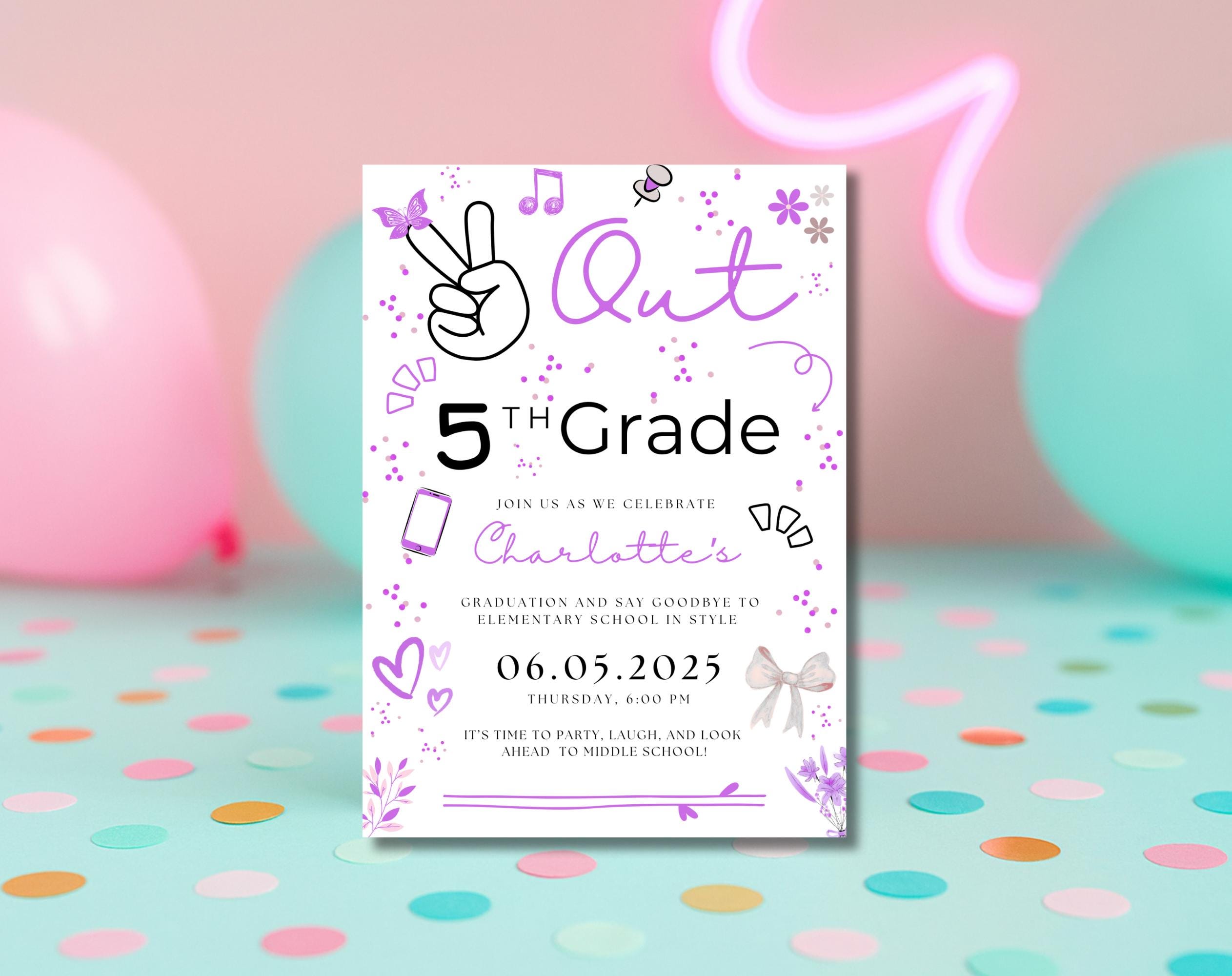 Grade R Invitation Card Purple 5th Grade Graduation Invitation Template (digital Download) - Etsy