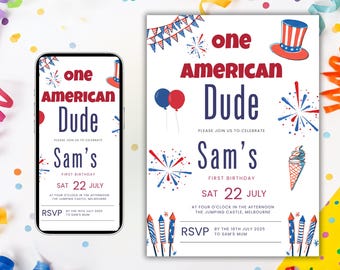 Inbjudan till 1-årsdagen One American Dude: Rött, vitt, blått USA-tema (digital nedladdning)