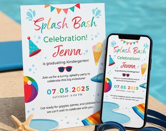 Può includere: Un invito bianco e lo schermo di uno smartphone mostrano un annuncio di festa "Splash Bash" per la laurea di Jenna alla scuola materna. Il design include grafiche colorate di coni gelato, occhiali da sole e un pallone da spiaggia. La data è 05/07/2025.