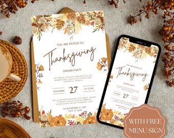 Watercolor Thanksgiving Invitation, Fall Dinner Party (Digital Template)