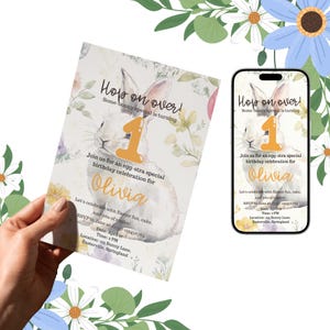 Invitation d'anniversaire de Pâques, un lapin a un an, invitation à une fête, 1e célébration, modèle de toile numérique et imprimable, carte d'étape importante