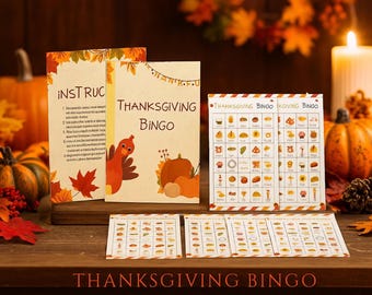 May include: A Thanksgiving Bingo game set with caller sheets. The game cards feature illustrations of Thanksgiving-themed items. The main card has the text "Thanksgiving Bingo" with a turkey and pumpkin illustration. The set is on a wooden surface.