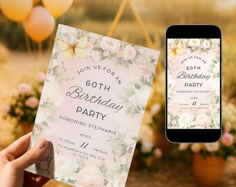 Editable 60th Birthday Invitation for Her | Elegant Floral Canva Template | digital download