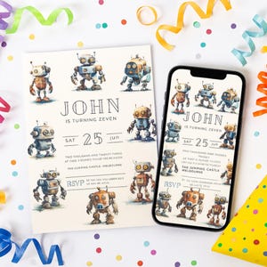 May include: A birthday invitation with a robot theme. The invitation features watercolor illustrations of robots in various colors. The text reads "JOHN IS TURNING ZEVEN" and includes the date "SAT 25 Jun". A smartphone displays the same design.