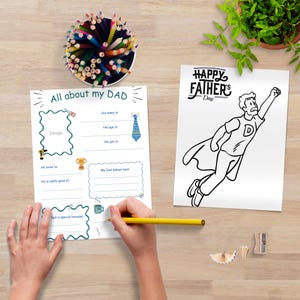 Questionário para imprimir "Tudo sobre meu pai" para o Dia dos Pais, presente para o pai dos filhos, atividade de colorir com cartão para o Dia dos Pais, planilha para preencher espaços em branco