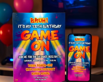 May include: A birthday party invitation and a smartphone displaying the same design. The invitation and phone screen feature the text "BAUH! It's my 13th Birthday GAME ON" in orange and yellow against a blue and purple background.