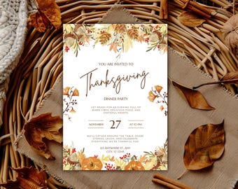 Editable Thanksgiving Invitation Template 5x7 Digital Instant Download with Menu Sign
