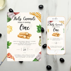 Faire-part de premier anniversaire Holy Cannoli - Faire-part de fête numérique drôle sur le thème italien pour garçon, carte imprimable sur le thème de la nourriture