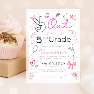 Bewerkbare 5e leerjaar afstuderen uitnodiging voor meisjes, roze bloemen afdrukbare sjabloon, instant download, uitnodiging meisje feest, gratis bedankkaartjes