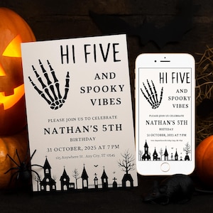 Invitation d'anniversaire d'Halloween à l'âge de 5 ans - Faire-part de fête d'enfants fantasmagorique, téléchargement numérique modifiable, modèle imprimable pour garçons et filles