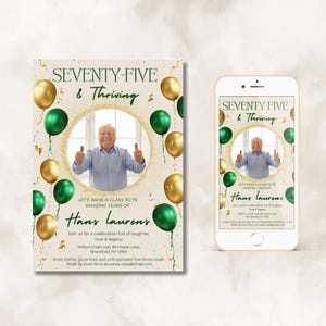 75e verjaardagsuitnodiging met fotosjabloon voor mannen – Groen goud Elegant vieringsontwerp, bewerkbaar canvabestand + gratis bedanktags