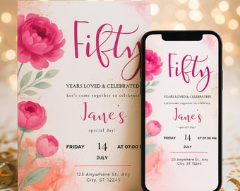 May include: A pink and cream invitation and a smartphone screen displaying a matching design. The invitation and phone screen read "Fifty" in a cursive font, with floral accents and event details. The invitation is for Jane's special day.
