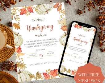 Thanksgiving Dinner Party Invitation Template with Menu (Digital)