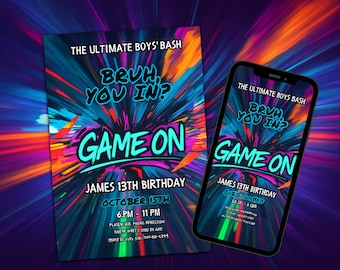 May include: A vibrant invitation and a smartphone display for a birthday party. The invitation reads "THE ULTIMATE BOYS' BASH" with the text "BRUH, YOU IN? GAME ON" and details for James' 13th birthday on October 15th.