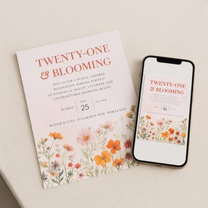 Faire-part floral pour son 21e anniversaire pour elle – Invitation élégante à une fête sur le thème du jardin pour les femmes de 21 ans et plus