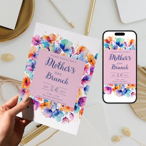 Invitación para el Día de la Madre, elegante invitación floral para un brunch especial, editable en Canva, descarga instantánea, etiquetas gratuitas.