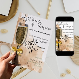 Bewerkbare 80e verjaardagsuitnodiging voor vrouw of man van elke leeftijd, roségoud, digitale sjabloon, direct download, met gratis bedanktag