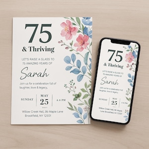 75e verjaardagsuitnodiging met bloemdessin voor vrouwen, bewerkbare elegante canvassjabloon voor mijlpaalviering, met gratis bedanktags
