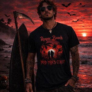 Reaper Beach T-Shirt | Dead Man's Coast  Surfer Sensenmann Shirt | Gothic Summer Fashion Darkwear | Alternative Grunge Festival Streetwear