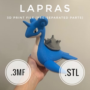 Puede incluir: Una figura de Lapras impresa en 3D, azul y blanca, con una concha gris. La figura está etiquetada como "LAPRAS" y "3D PRINT FILE (PRE-SEPARATED PARTS)". La imagen también incluye los tipos de archivo ".3MF" y ".STL".