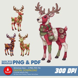 Könnte beinhalten: Digitale Illustration von böhmischen Hirschen in vier Farben. Die Hirsche weisen Patchworkmuster in Rot, Grün und Weiß auf und tragen Schals. Das Bild enthält den Text "PNG & PDF" und "DIGITAL DOWNLOAD".