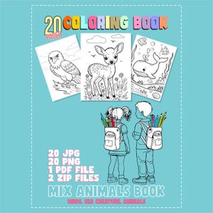 Libro para colorear de 20 páginas, dibujos animados variados, páginas para colorear para niños, archivo ZIP, descarga digital, tamaño A4, actividades para colorear para niños, páginas para colorear
