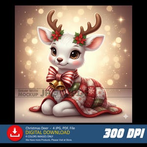 Könnte beinhalten: Ein niedliches Cartoon-Reh mit weißem Fell, braunem Geweih und großen braunen Augen. Es trägt eine rot-weiß gestreifte Schleife mit goldenen Glocken und einen Patchwork-Quilt. Der Text lautet "Christmas Deer - DIGITAL DOWNLOAD".