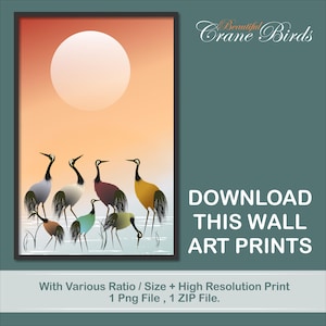Crane grouping wall Art, Japanese Crane Art Prints, Yayoi Kusama, Digital Crane Wall Art, Elegant Decor for Living Room, Bedroom or Office
