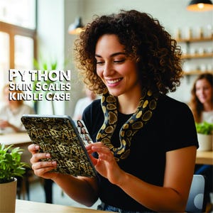 May include: A Kindle case with a python skin scales design. The case is held by a person. The text on the case says "Python Skin Scales Kindle Case". The case has a brown and black pattern.