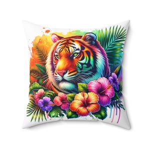 Tropical Tiger Pillow - Colorful Decorative Cushion for Home, Animal Lover Gift, Party Décor, Jungle Theme, Nature Art