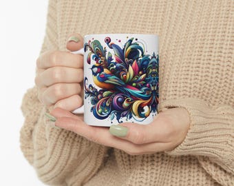 Floral Bird Ceramic Mug: Vibrant Art Coffee Cup