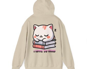 Cozy Cat Reading Hoodie: Book Lover Gift, Comfy Cotton-Blend Sweatshirt