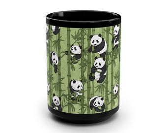 Panda Bamboo Black Mug, Adorable Animal Lover Coffee Cup, 15oz