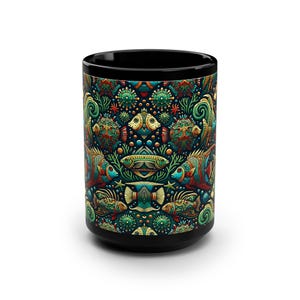 Colorful Fish Pattern Mug: 15oz Black Coffee Cup, Ocean Decor