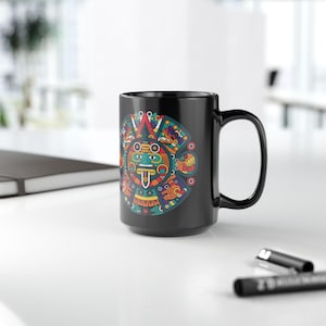 Vibrant Aztec Coffee Mug, Tribal Art Ceramic Mug, Colorful Black Mug for Home, Unique Gift for Coffee Lovers, Ethnic Mug Design
