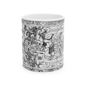 Artistic Ceramic Mug - Unique Black and White Illustration, Mayan ruler Sarcophagus lid, Perfect Gift for Art Lovers, Coffee Tea Drinking