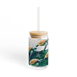 Ocean Life Sipper Glass, 16oz - Turtles, Starfish - Beach Themed Cup, Coastal Drinkware, Summer Party Decor, Under the Sea Gift, Marine Life